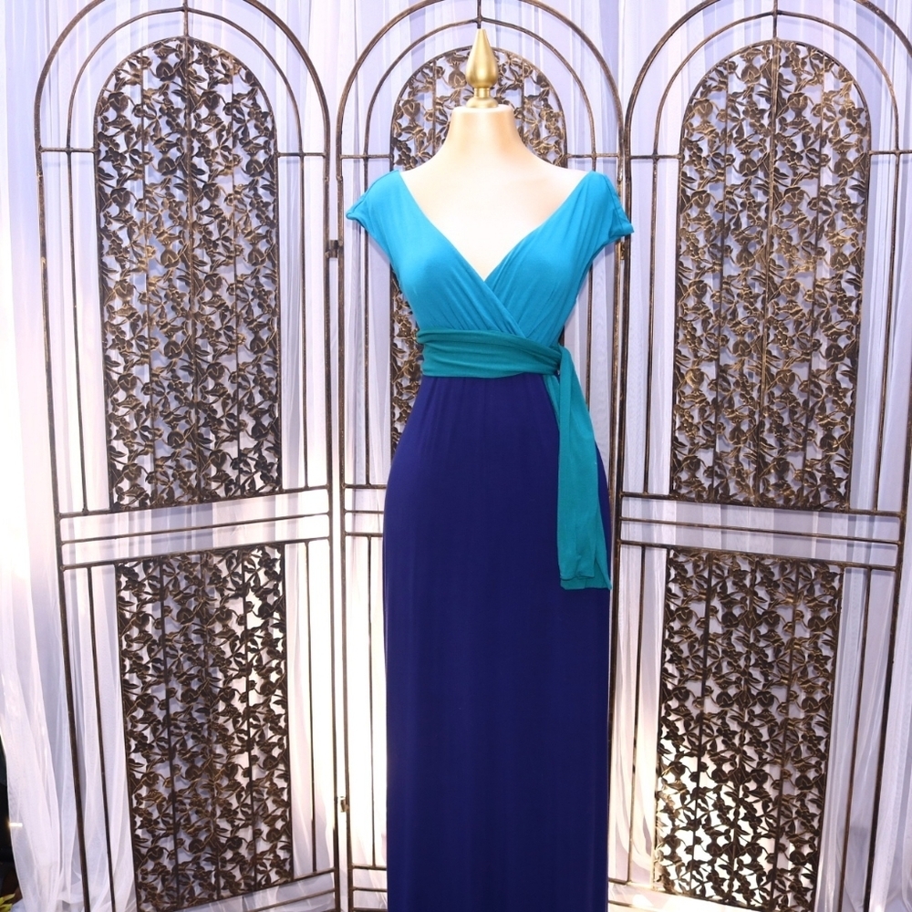 Tiffany Rose Jewel Block, Elegant  Comfy Maternity Maxi Dress, Biscay Blue